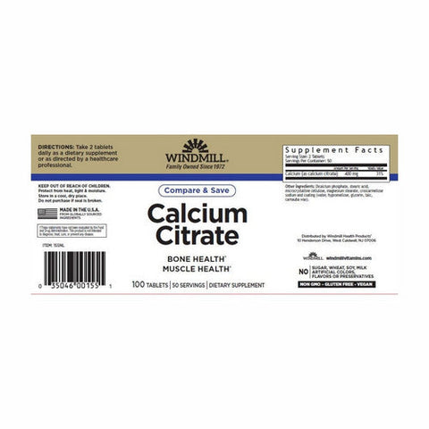 Windmill Health, Calcium Citrate, 100 Tabs Windmill Health