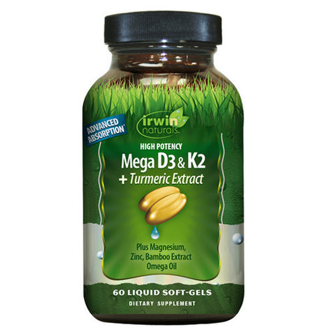 High Potency Mega D3 & K2 Plus Turmeric Extract 60 Softgels by Irwin Naturals