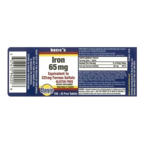 Basic Vitamins, Iron Ferrous Sulfate, 65 Mg, 100 Tabs Basic Vitamins